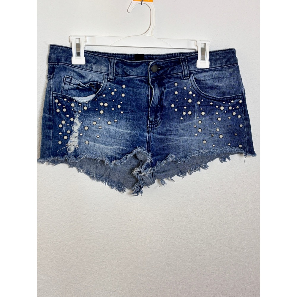 Forever 21 Faux Pearl Embellished Distressed Denim Shorts Blue Size 28 Low Rise